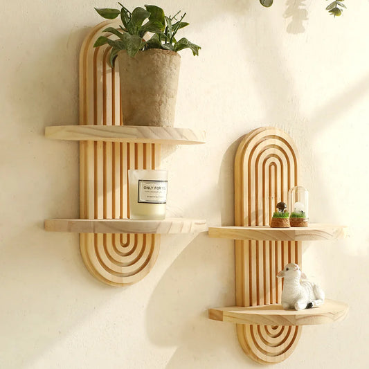 Boho Wooden Wall Shelf – Geometric Design for Plants & Decoration | Natural finish