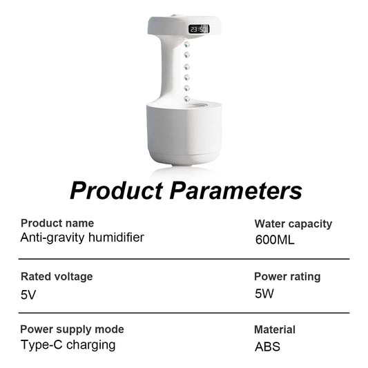 Anti-Gravity Humidifier 600ML – Desktop Water Droplet Backflow Aromatherapy Diffuser with LED Light