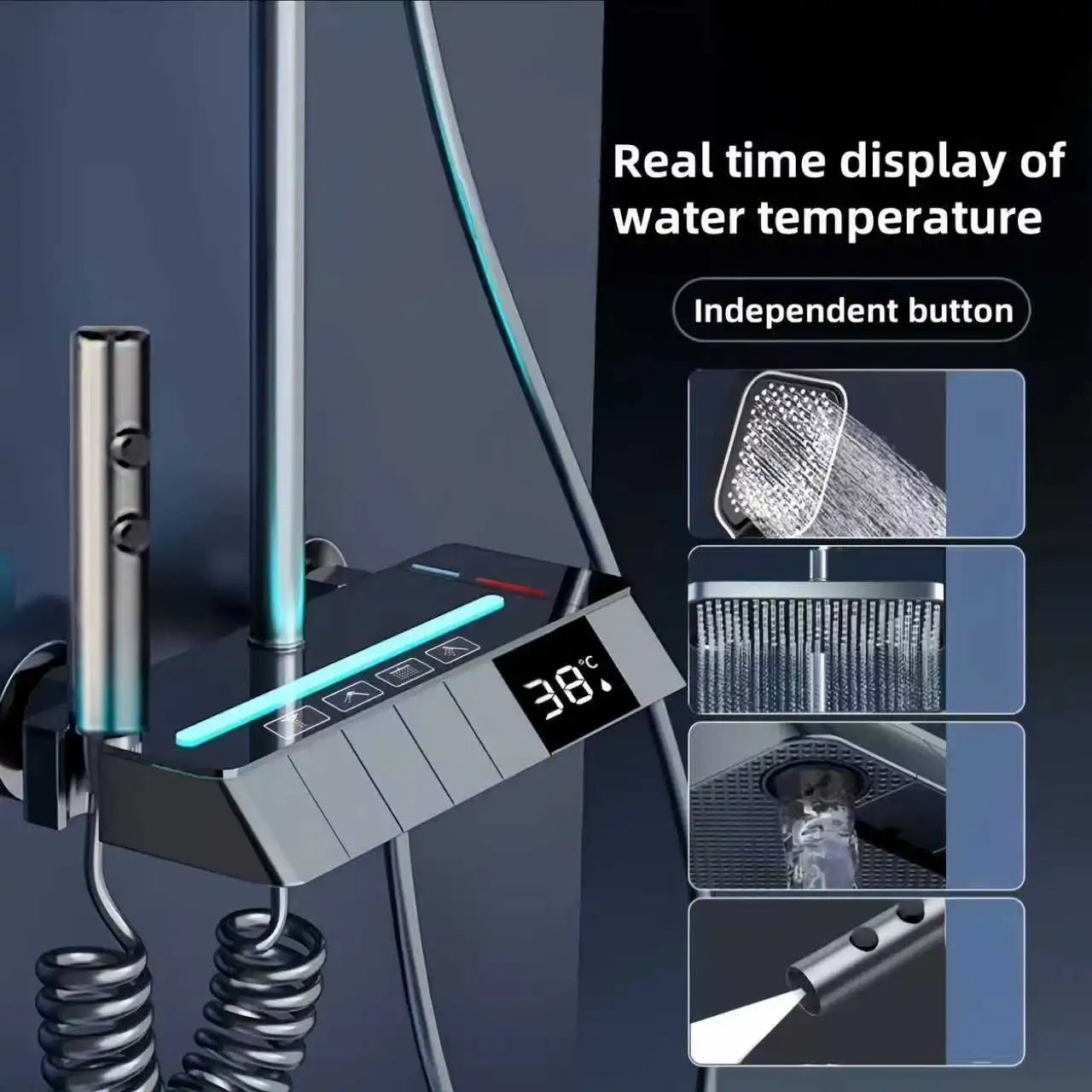 LED Thermostatic Shower Column – 4 Spray Modes with Ambient Lighting & Self-Powered Display