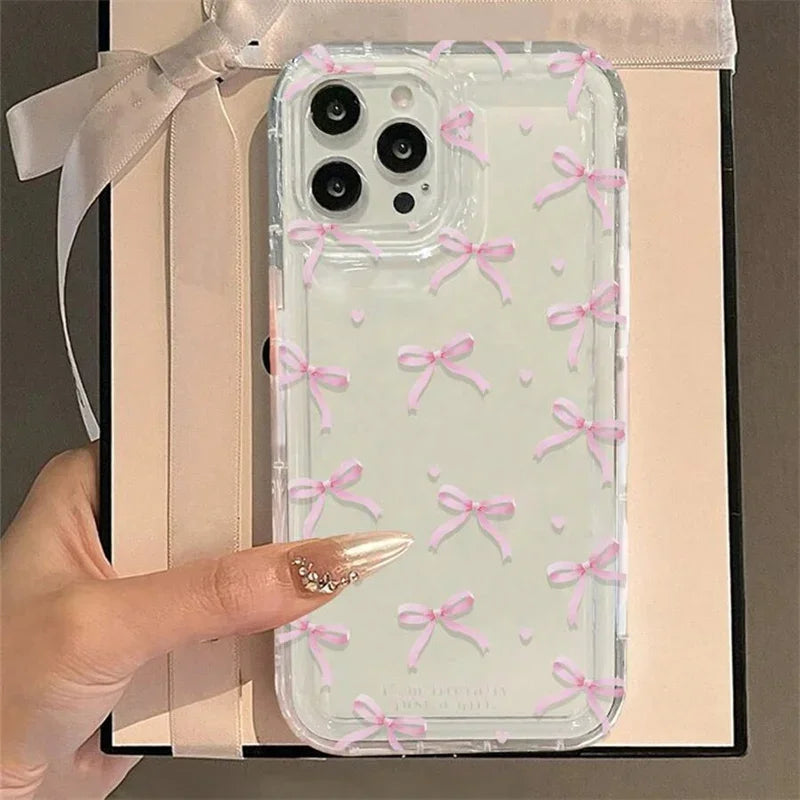 Cute Pink Heart Bow iPhone Case – Shockproof Soft Clear Cover for iPhone 17, 16, 15, 14, 13