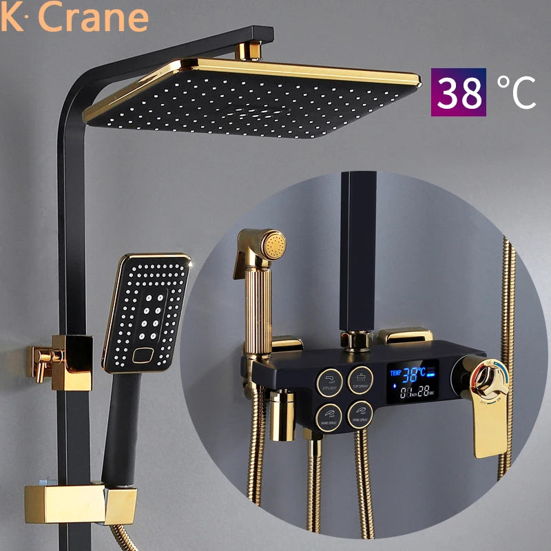Smart Thermostatic Shower System – LED Digital Display with Square Rainfall Head &amp; SPA Features
