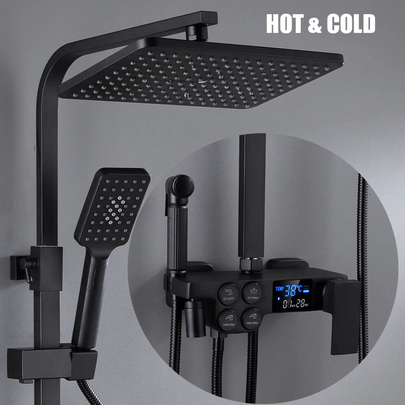 Smart Thermostatic Shower System – LED Digital Display with Square Rainfall Head &amp; SPA Features