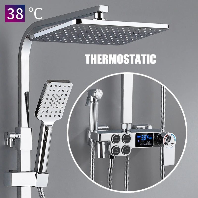Smart Thermostatic Shower System – LED Digital Display with Square Rainfall Head &amp; SPA Features