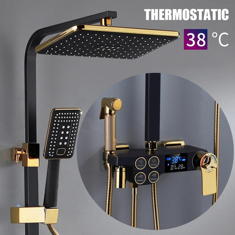 Smart Thermostatic Shower System – LED Digital Display with Square Rainfall Head & SPA Features