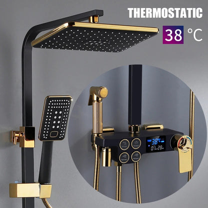 Smart Thermostatic Shower System – LED Digital Display with Square Rainfall Head &amp; SPA Features