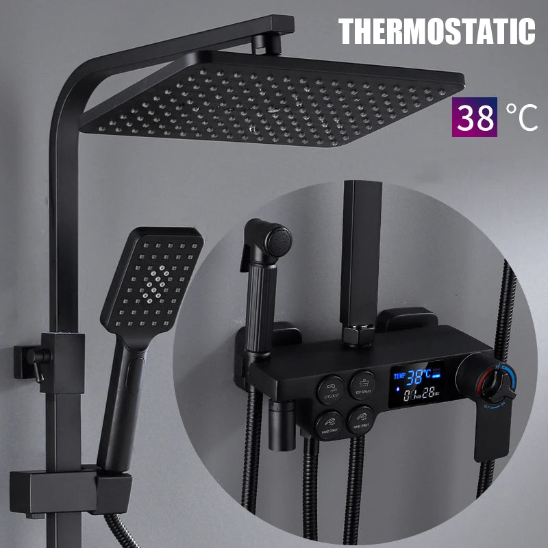 Smart Thermostatic Shower System – LED Digital Display with Square Rainfall Head &amp; SPA Features