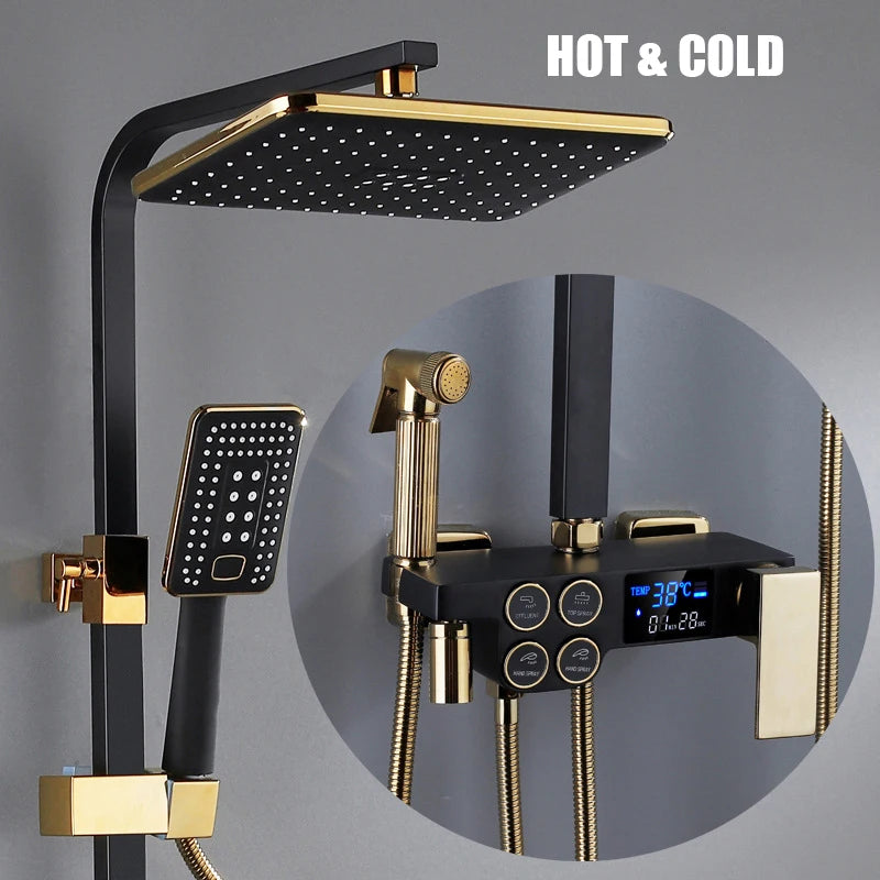 Smart Thermostatic Shower System – LED Digital Display with Square Rainfall Head &amp; SPA Features