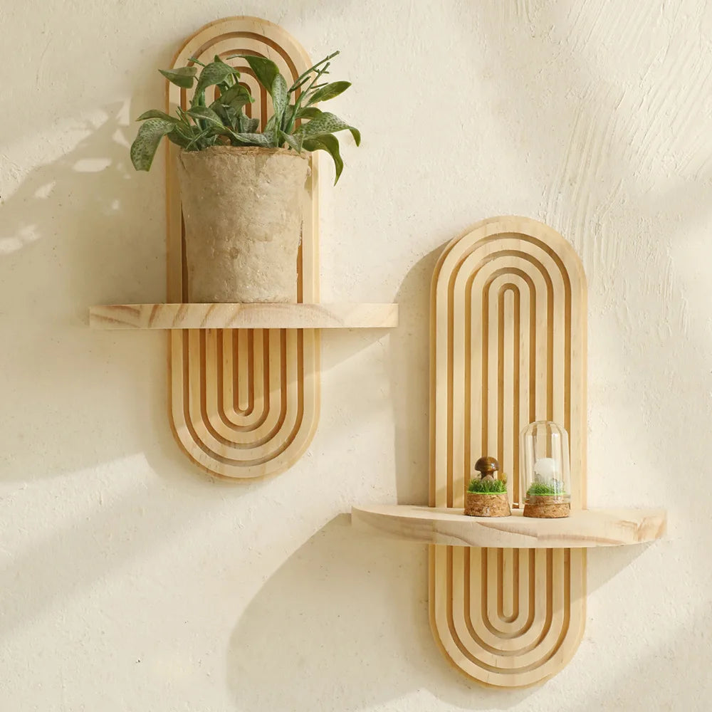 Boho Wooden Wall Shelf – Geometric Design for Plants &amp; Decoration | Natural finish