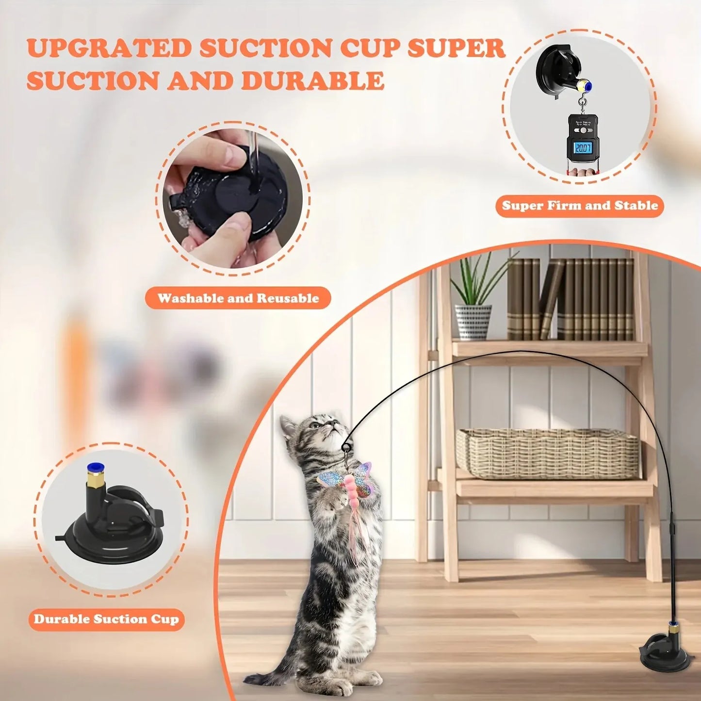 Interactive Cat Feather Teaser Wand – Bell &amp; Suction Cup Pole for Engaging Play
