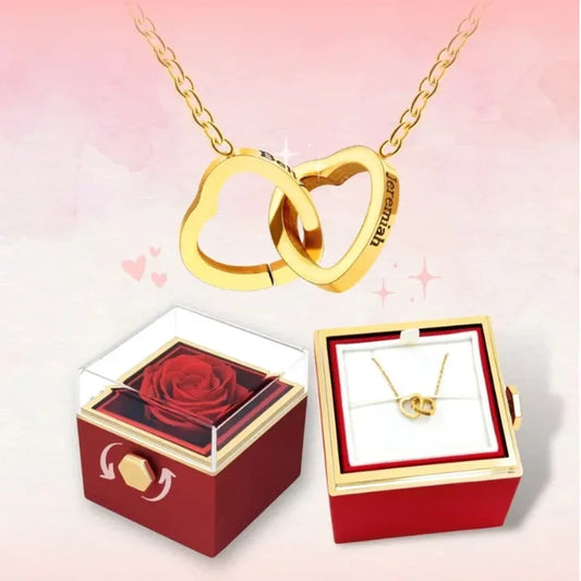 Personalized Heart Necklace with Rotating Rose Box – Custom Names Engraving