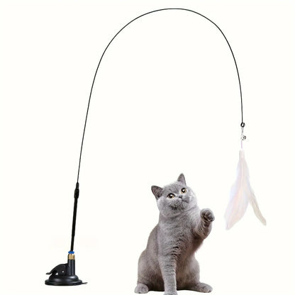 Interactive Cat Feather Teaser Wand – Bell &amp; Suction Cup Pole for Engaging Play