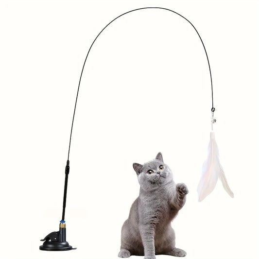 Interactive Cat Feather Teaser Wand – Bell &amp; Suction Cup Pole for Engaging Play