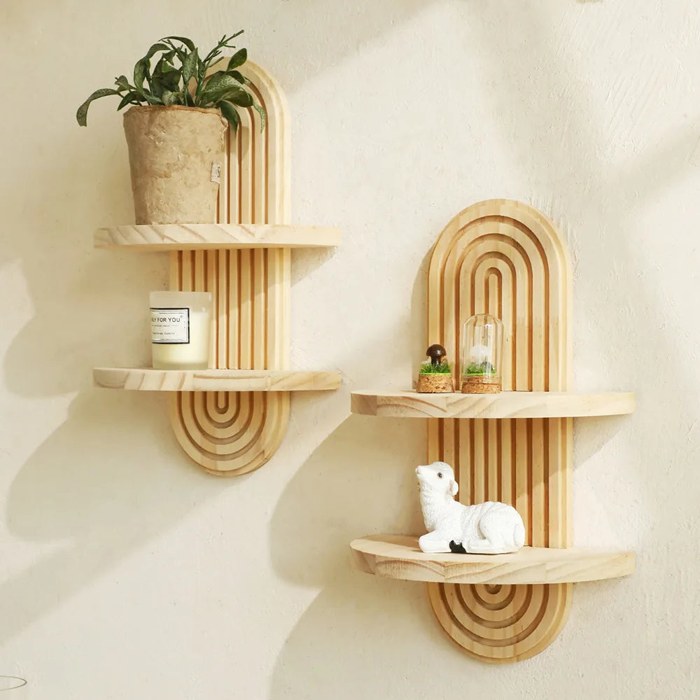 Boho Wooden Wall Shelf – Geometric Design for Plants &amp; Decoration | Natural finish