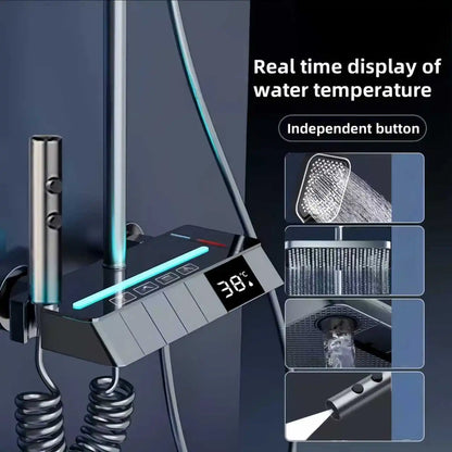 LED Thermostatic Shower Column – 4 Spray Modes with Ambient Lighting &amp; Self-Powered Display
