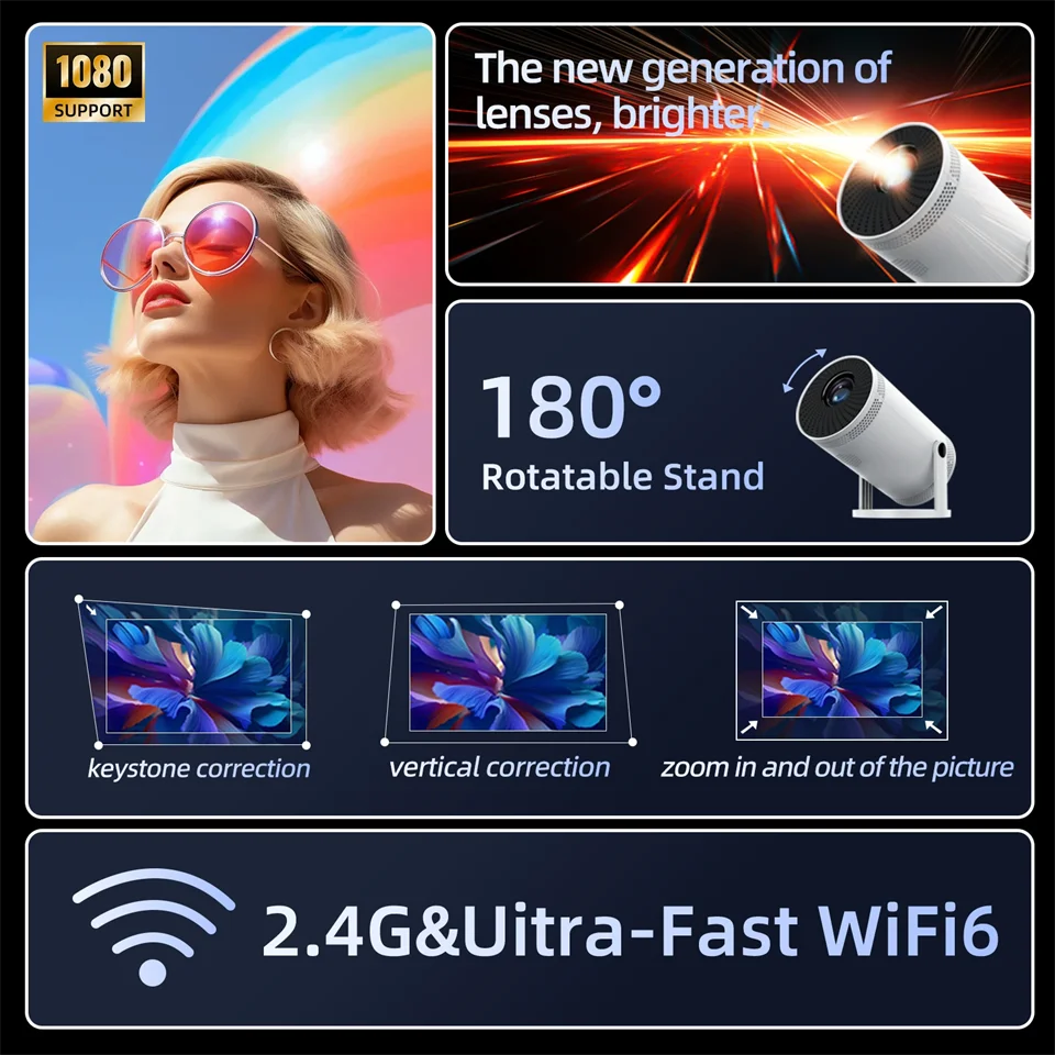 Portable Android 11 Beamer – 260 ANSI Home Theater Projector | HD 720P with 4K Support, Bluetooth 5.0 & Built-in Speaker