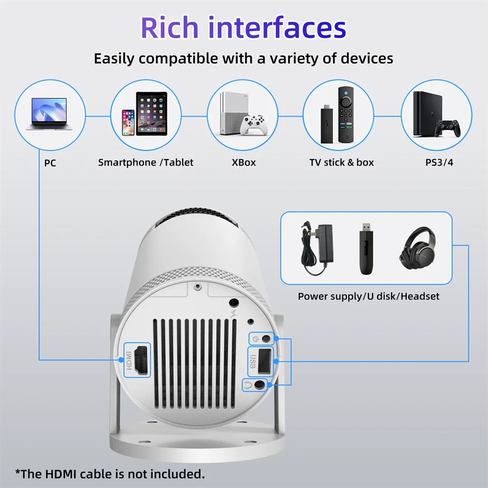 Portable Android 11 Beamer – 260 ANSI Home Theater Projector | HD 720P with 4K Support, Bluetooth 5.0 & Built-in Speaker