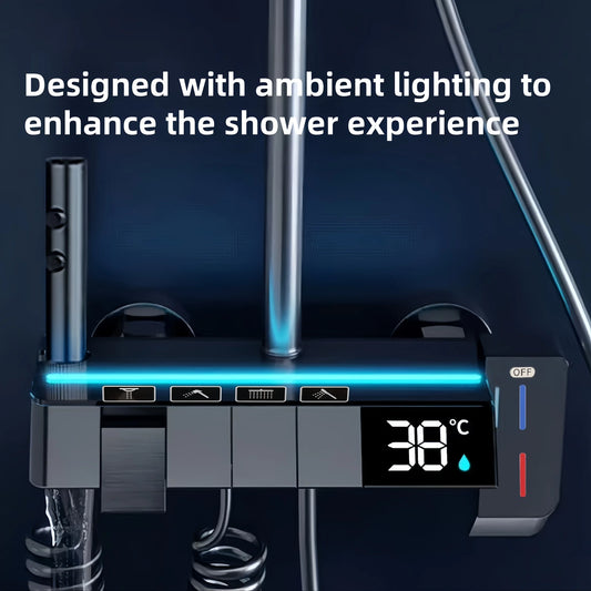 LED Thermostatic Shower Column – 4 Spray Modes with Ambient Lighting &amp; Self-Powered Display