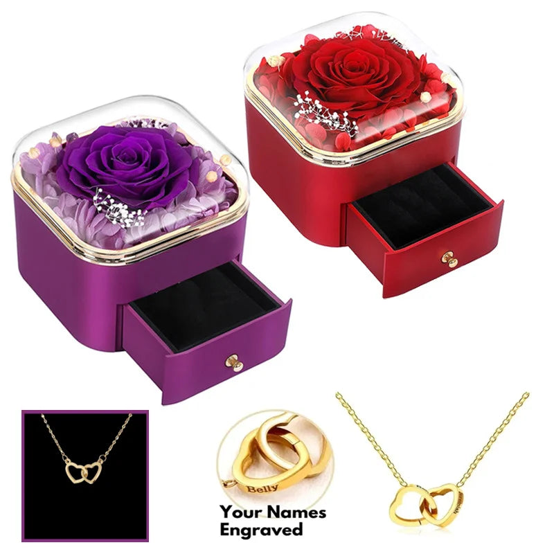 Custom Name Heart Necklace with Eternal Rose Gift Box – Valentine's Day Gift