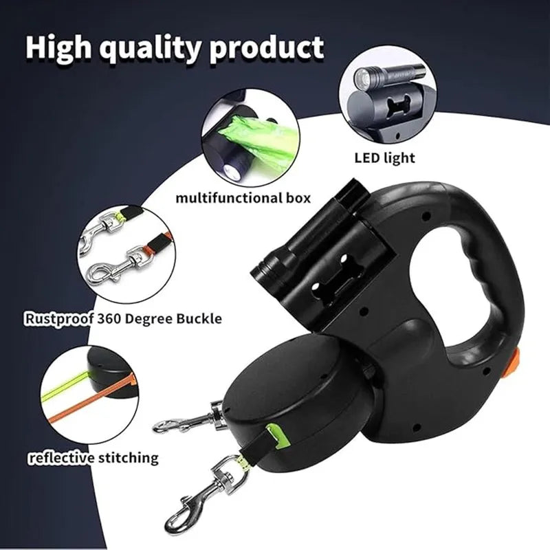 Double Dog Leash with LED Flashlight – Tangle-Free Dual Leash for Two Dogs