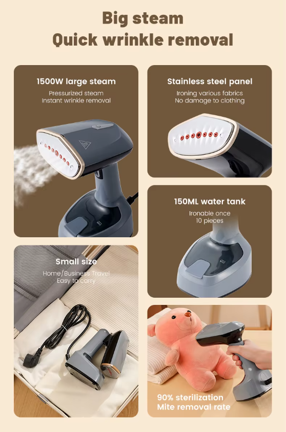 Handheld Clothes Steamer 1500W – Foldable Fast Steamer with EU Plug for Home & Travel