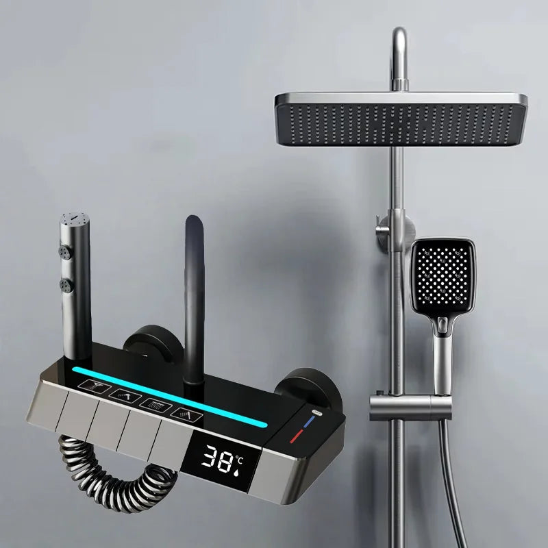 LED Thermostatic Shower Column – 4 Spray Modes with Ambient Lighting & Self-Powered Display